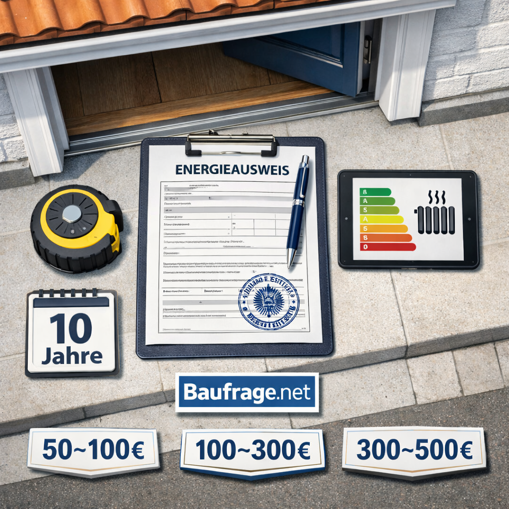 Energieausweis Kosten Einfamilienhaus: Formular, Stift, Maßband, Tablet vor einer Haustür.