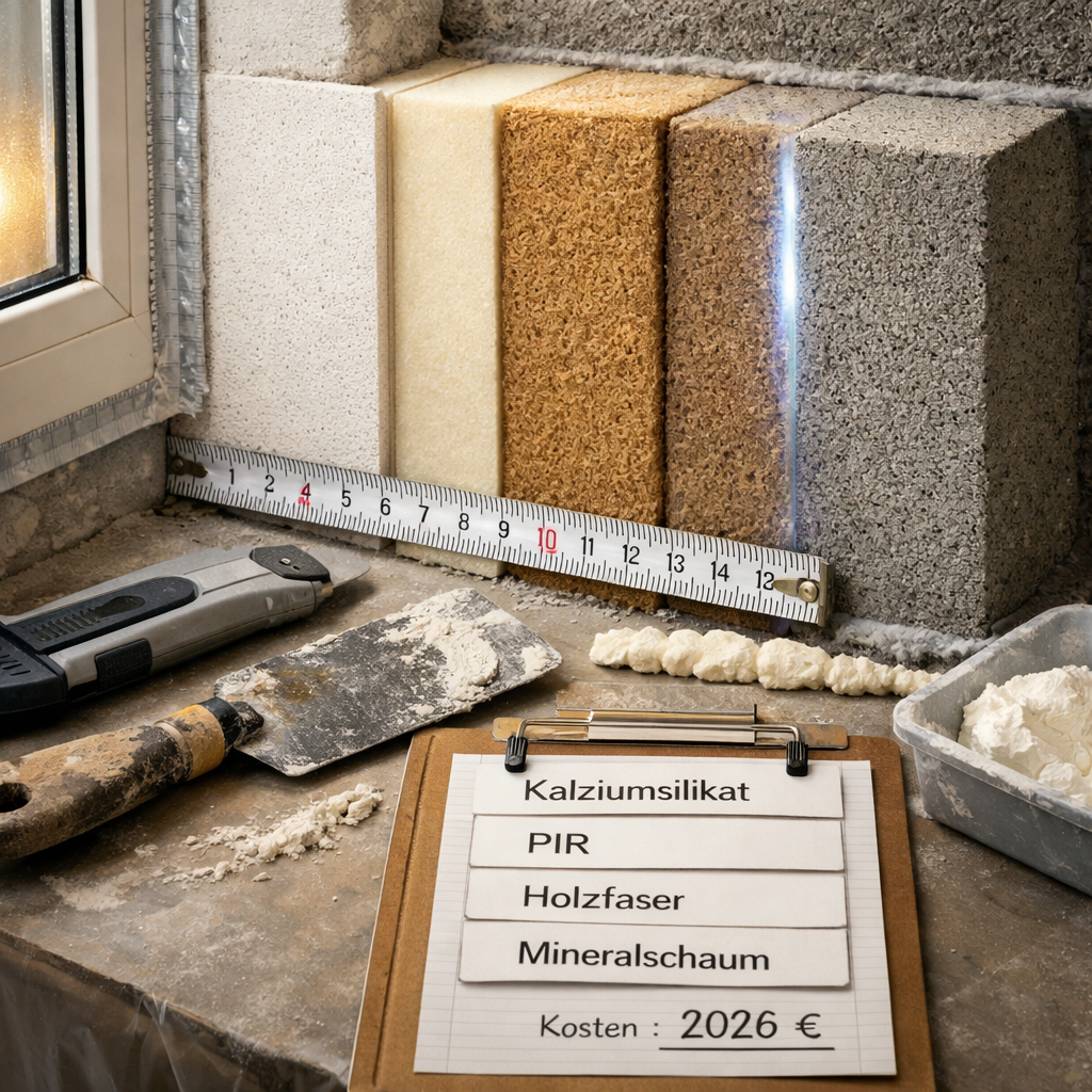 dämmplatten innen an Altbau-Fensterlaibung mit Materialmustern, Maßband, Cuttermesser und Spachtel