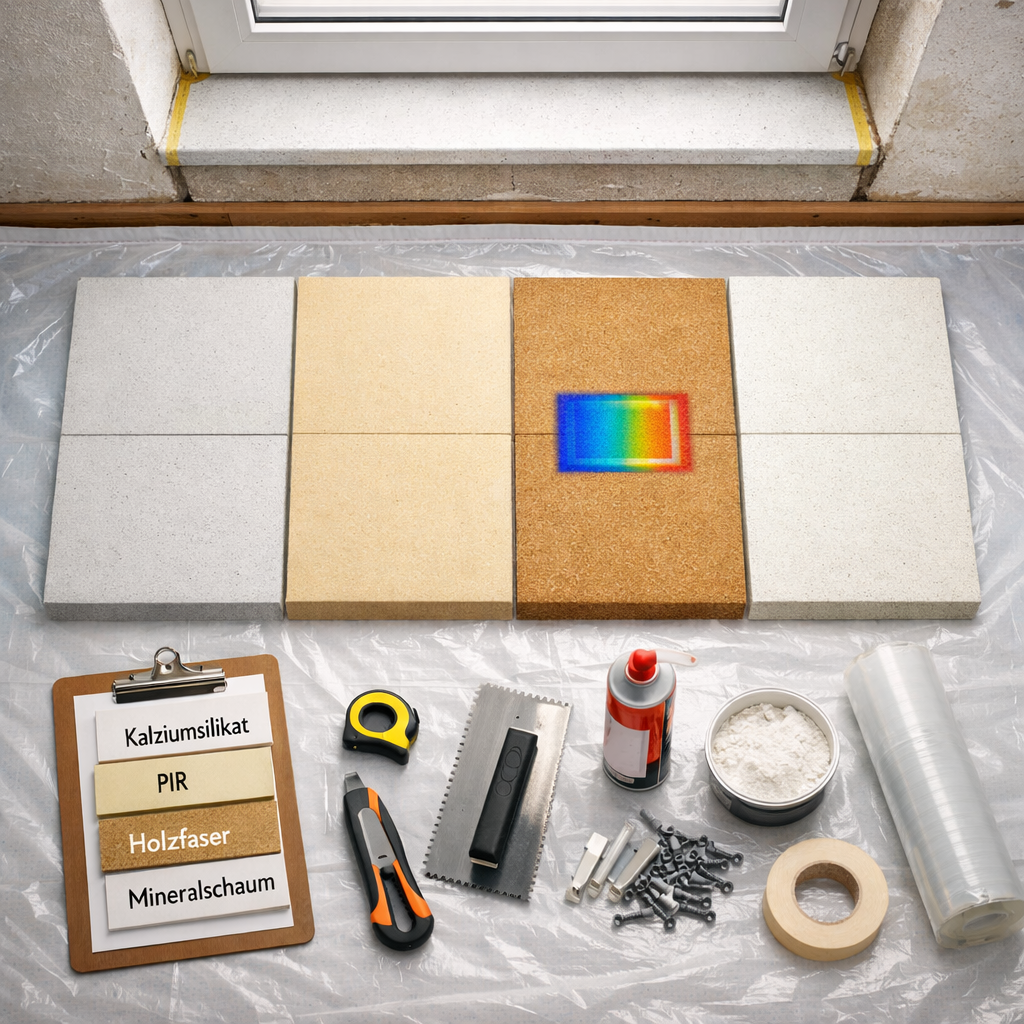 Overhead einer Altbau-Renovierung mit dämmplatten innen, Werkzeugen und beschrifteten Dämmstoffmustern.