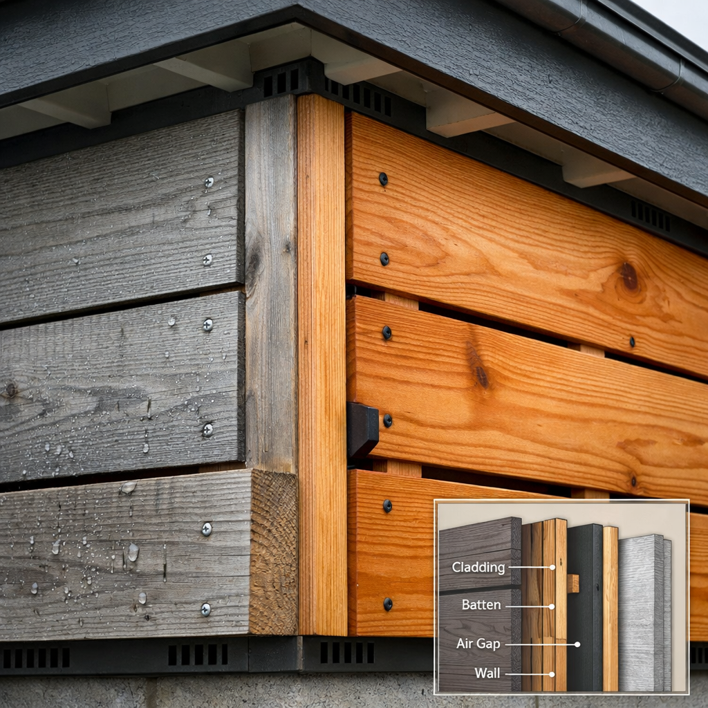 Vergleich: silbergraue Lärche und geölte Douglasie an moderner Fassade, holz für fassade