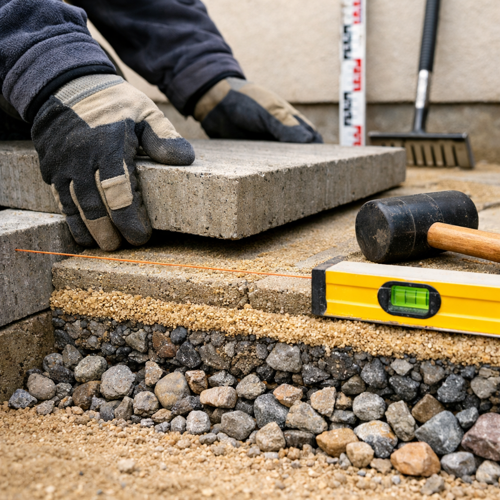 Hand setzt Terrassenplatte ins Sandbett, Wasserwaage und Schnur, terrassenplatten verlegen