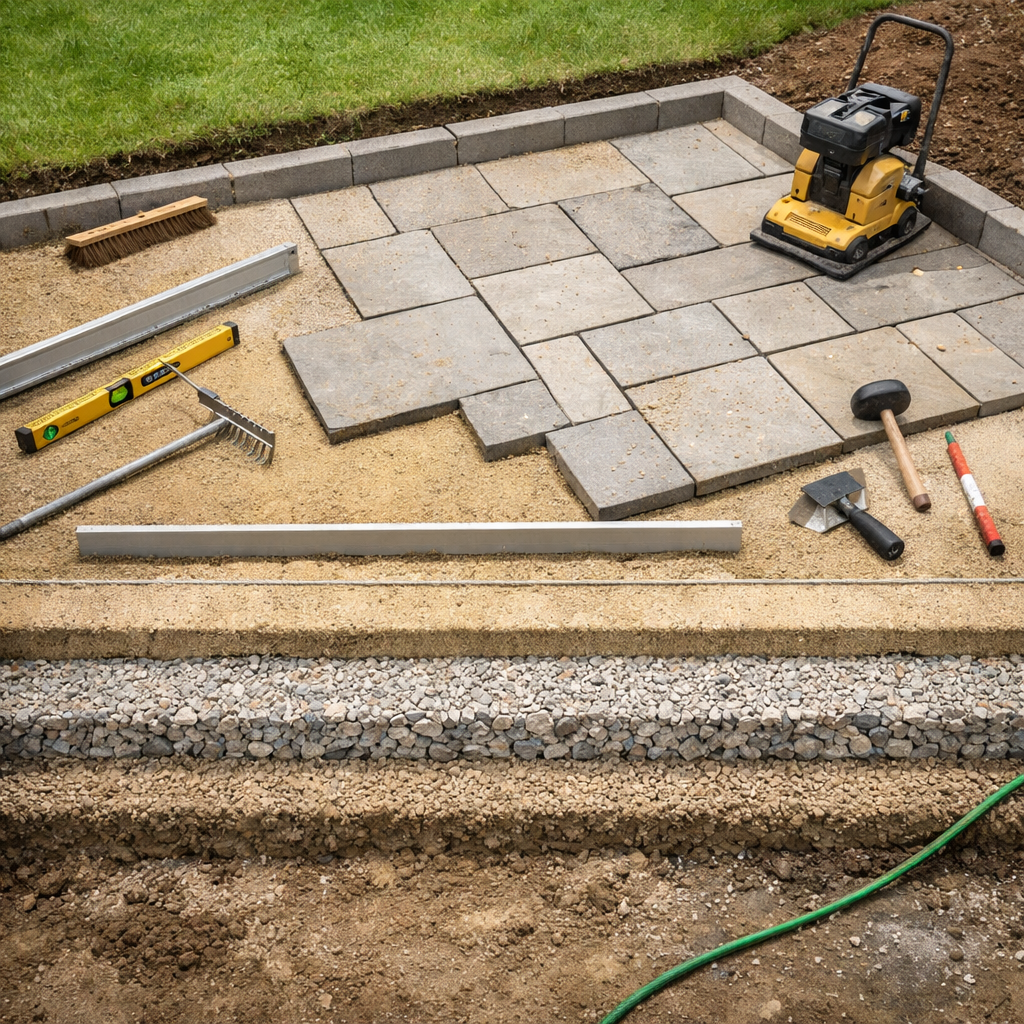 Blick auf terrassenplatten verlegen: Schichtenaufbau mit Splitt, Sand, Platten, Wasserwaage und Werkzeugen.