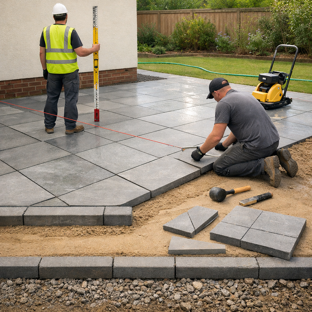 Arbeiter beim terrassenplatten verlegen im Garten, mit Unterbau, Wasserwaage und zugeschnittenen Platten.