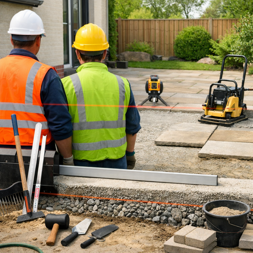 Zwei Bauarbeiter beim terrassenplatten verlegen neben Werkzeugen und teilverlegter Garten-Terrasse.