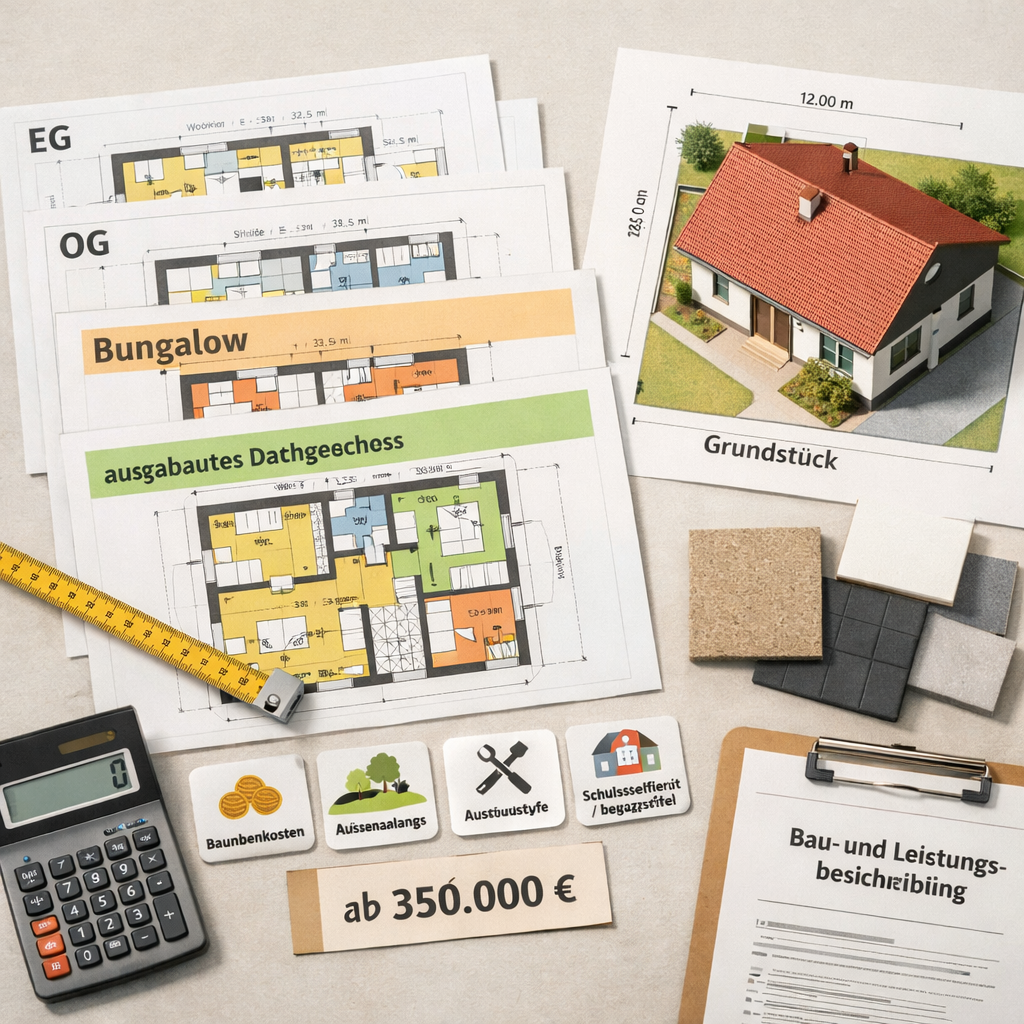 okal haus: Grundrissplan, Hausmodell, Maßband und Rechner auf hellem Planungstisch