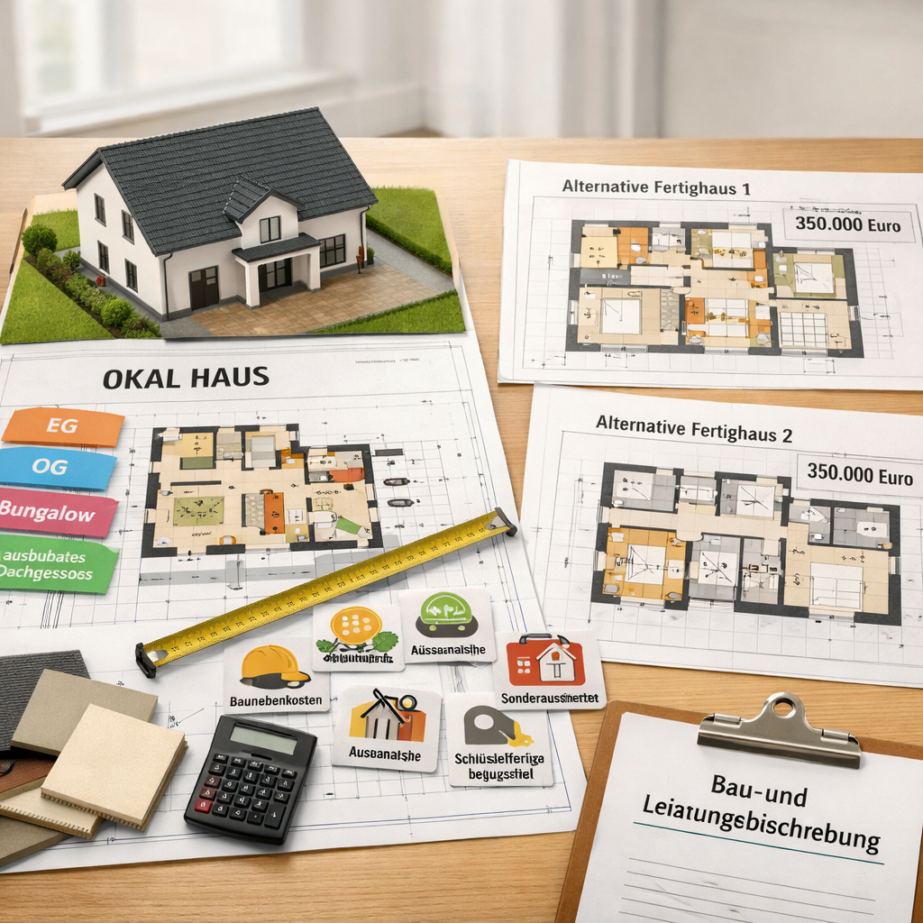 Planungsstudio mit okal haus-Floorplan, Hausmodell, Bauplänen, Maßband und Kostenhinweisen.