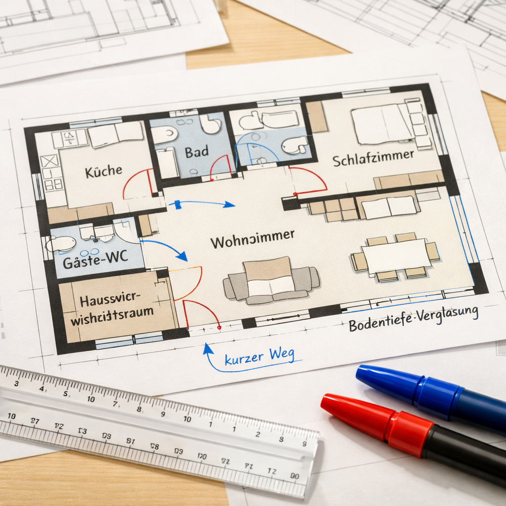 haus grundriss auf architektenplänen mit Maßstab, Markern und Raumlabels auf Holztisch.