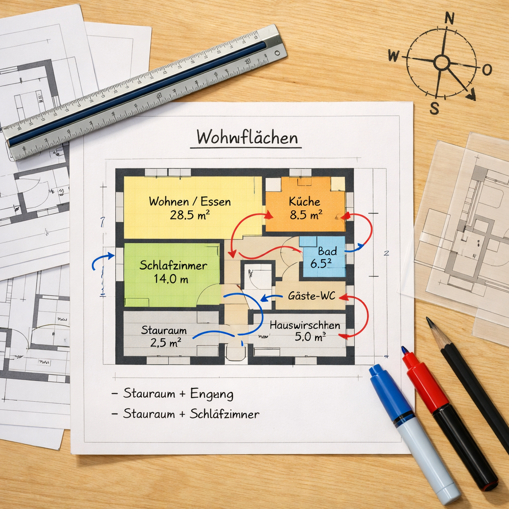 haus grundriss mit mehreren Plänen, Lineal, Stiften und Markierungen auf Holztisch.