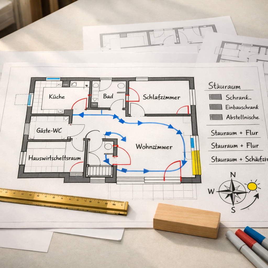 Architekturtisch mit haus grundriss, markierten Räumen, Pfeilen, Stiften und Lineal im hellen Studio.