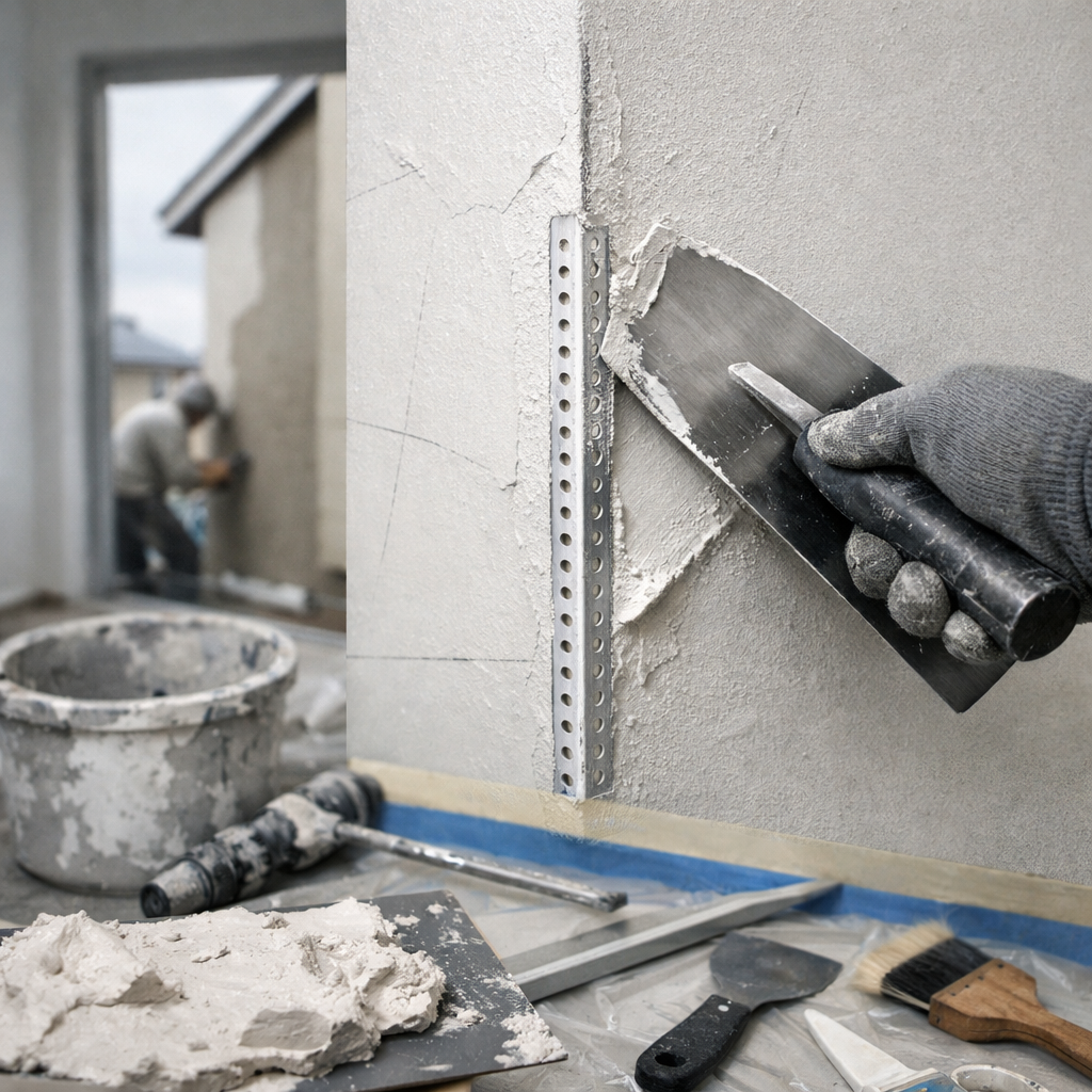 Beim wand verputzen glätten Handschuhe eine Innenwandecke; Werkzeug und Eimer liegen auf Schutzfolie.