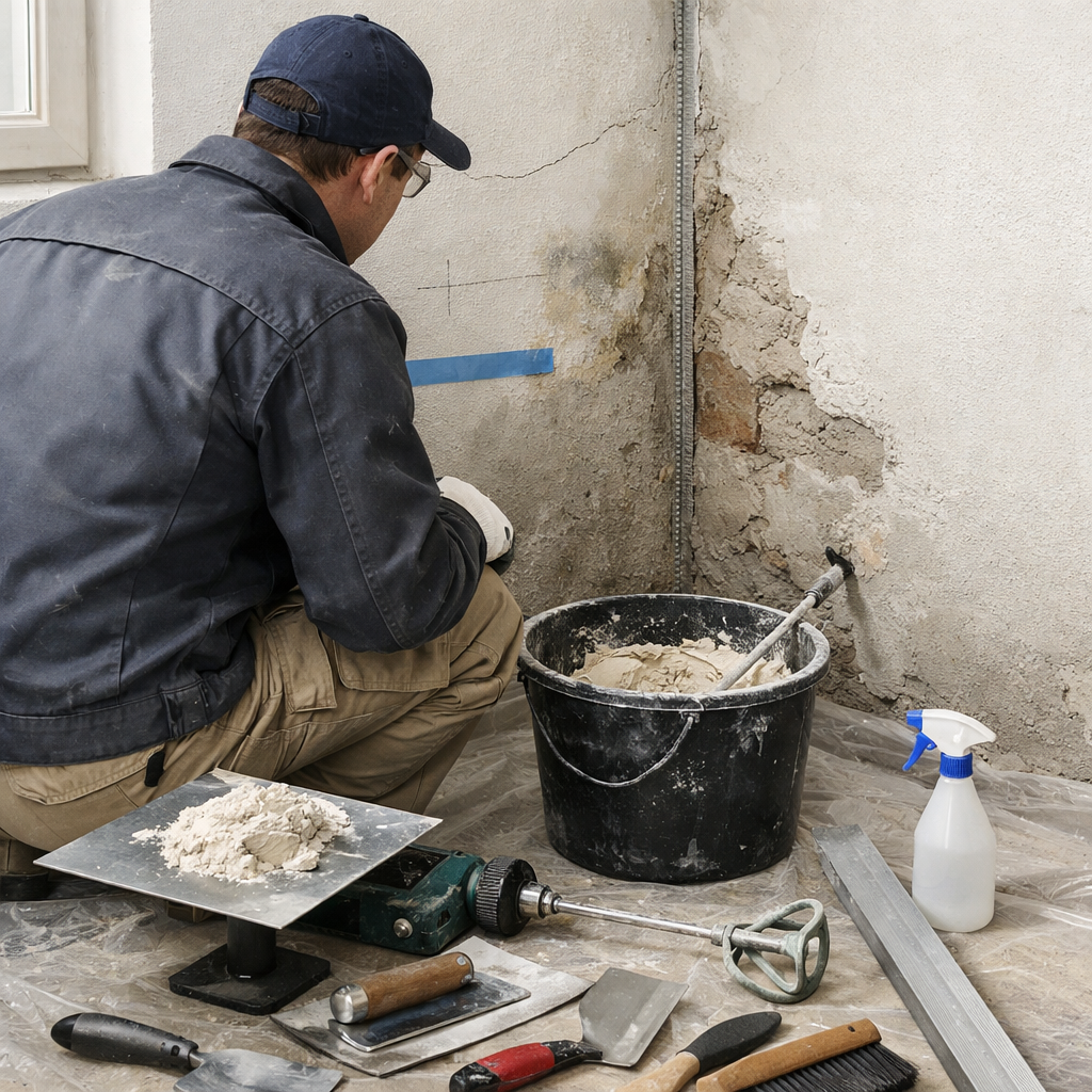 Handwerker prüft Riss und Putzschaden an Innenwand beim wand verputzen, Werkzeug liegt bereit.