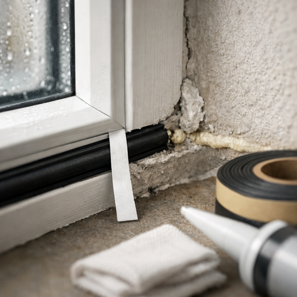 Makroaufnahme eines Fensterdichtungsdetails mit Papierstreifen, Dichtmasse und Werkzeug zum fenster abdichten.