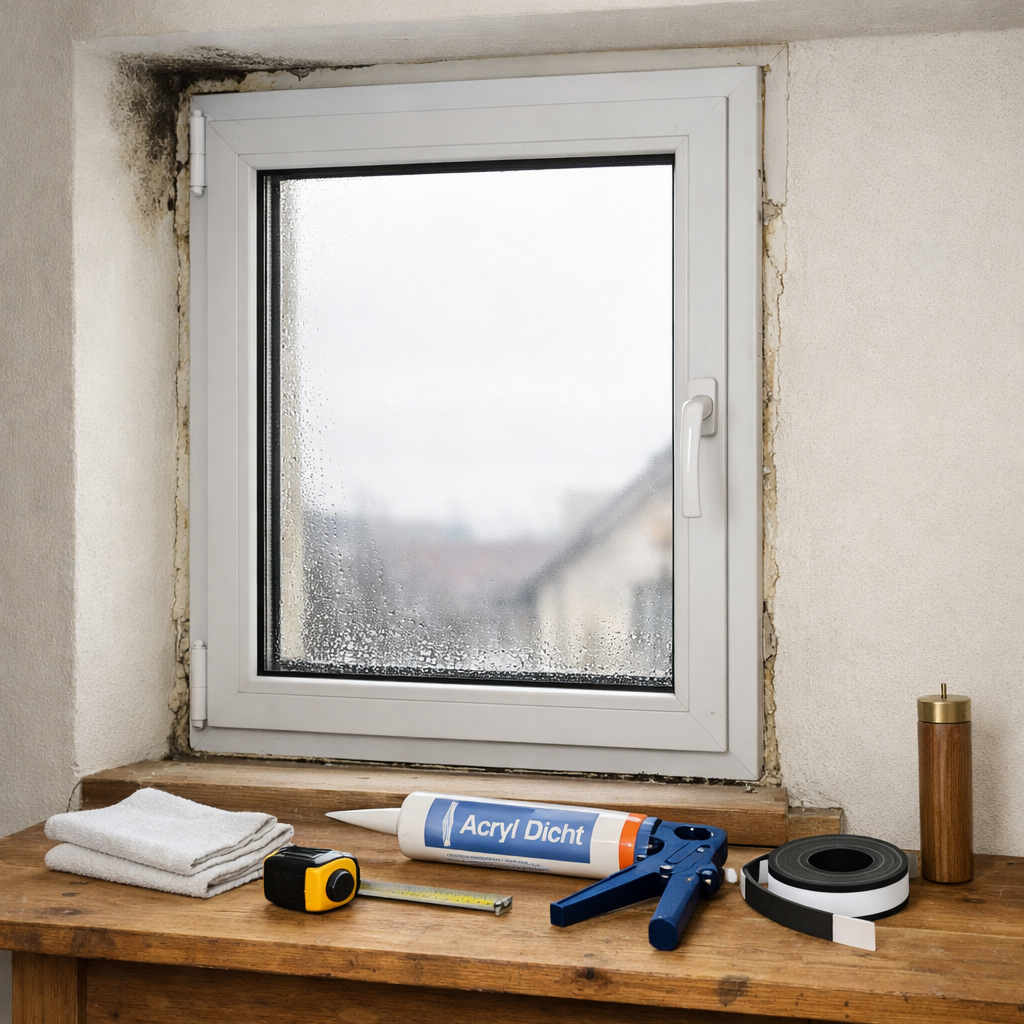 Wohnraumfenster mit Kondenswasser, feuchtem Putz und Dichtungsmaterialien auf der Werkbank zum fenster abdichten.