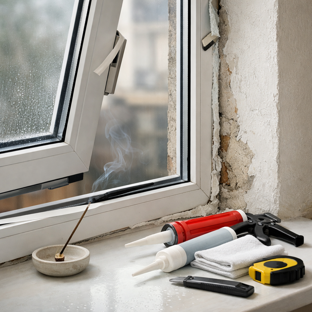 Fenster abdichten: Offenes Fenster mit porösen Dichtungen, Rissen, Kondenswasser, Rauchtest und Werkzeugen auf der Fensterbank.