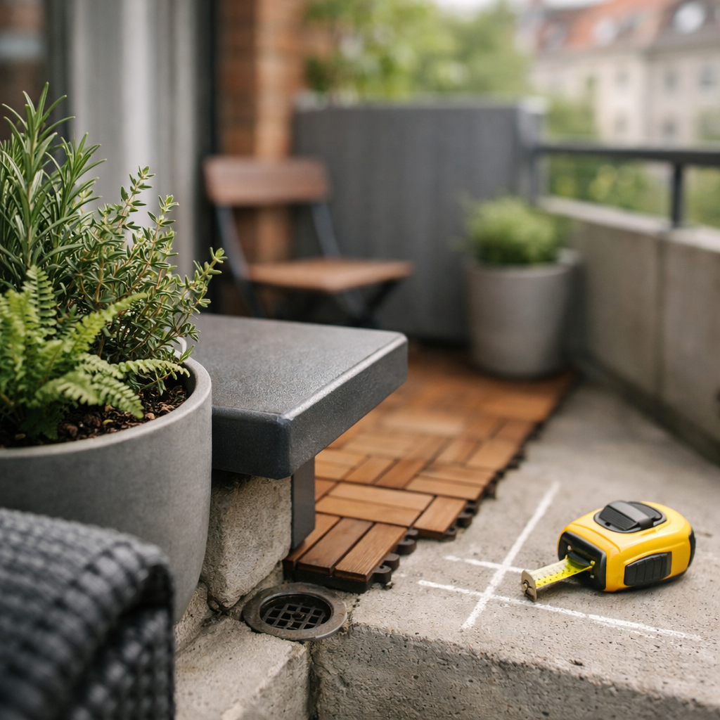 Balkone Ideen: Makroaufnahme eines gemütlichen Balkonecks mit Pflanzkübeln, Maßband, Outdoorboden und klappbarem Stuhl.
