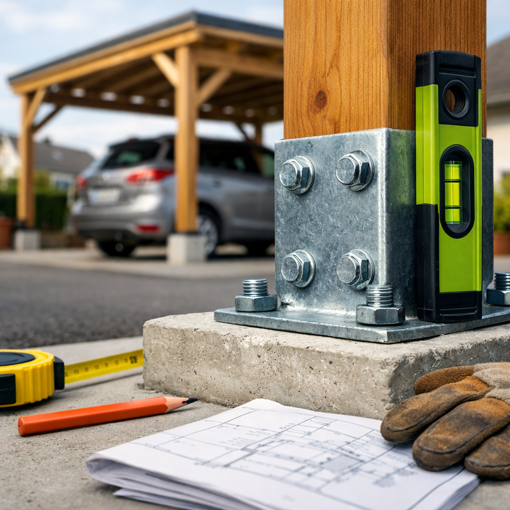Galvanisierter Pfostenanker mit Holzstütze am Betonfundament, Werkzeug und Bauplan; unfertiger Carport – carport selbst bauen.