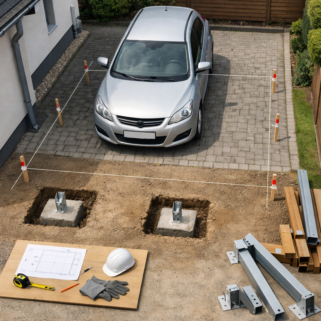 Vogelperspektive einer Carport-Baustelle mit Fundamenten, Bauplan und Werkzeugen neben dem Haus – carport selbst bauen
