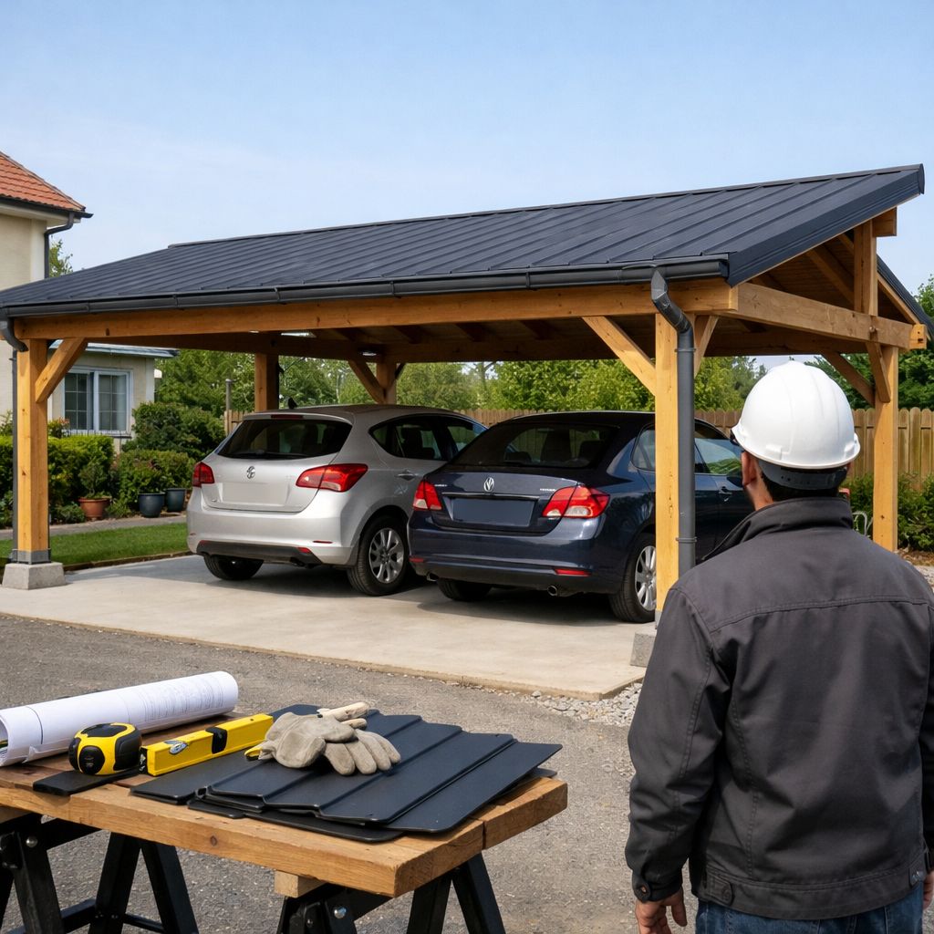 Carport selbst bauen: Fast fertiger Holz-Carport mit dunkelgrauem Pultdach, Autos, Werkzeugen und Haus im Hintergrund.