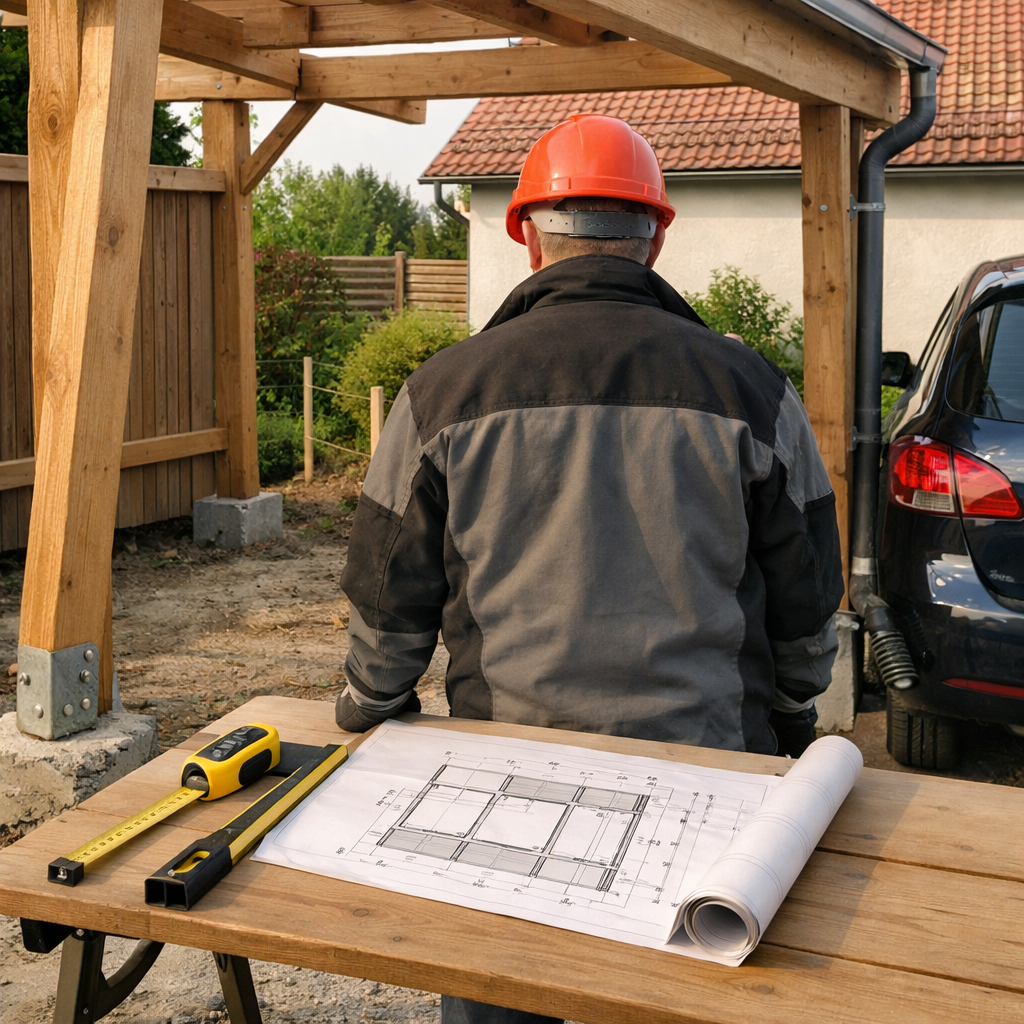 Heimwerker prüft beim „carport selbst bauen“ Mängel an Pfosten, Fundament, Verbindungen und Entwässerung.