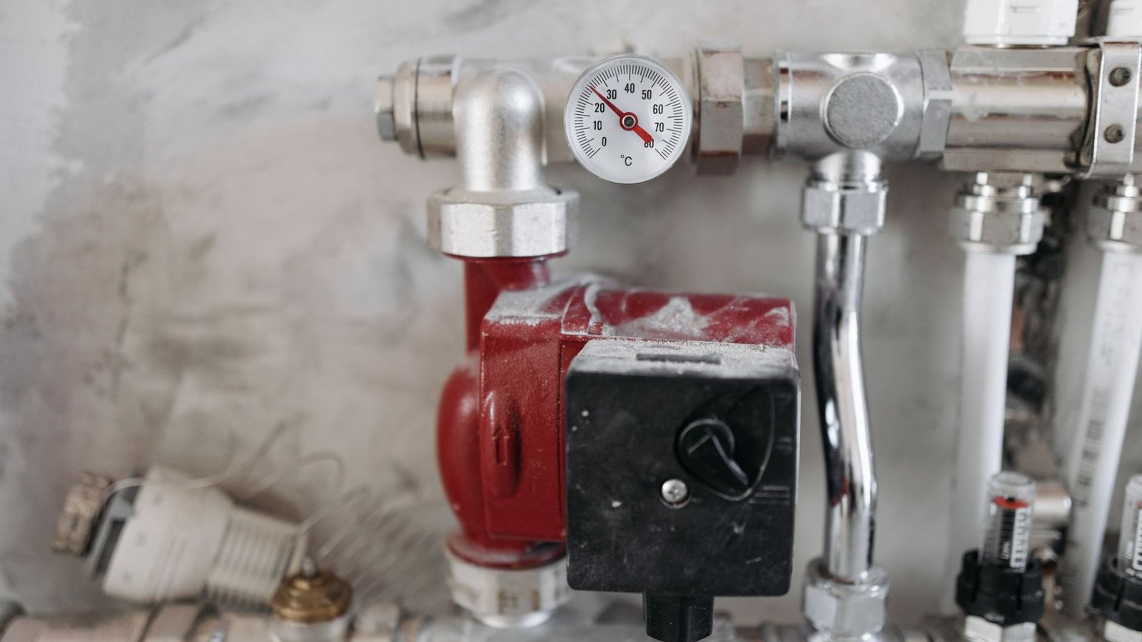 Rote Heizungspumpe mit Thermometer und verchromten Verteilerrohren im Heizungsraum