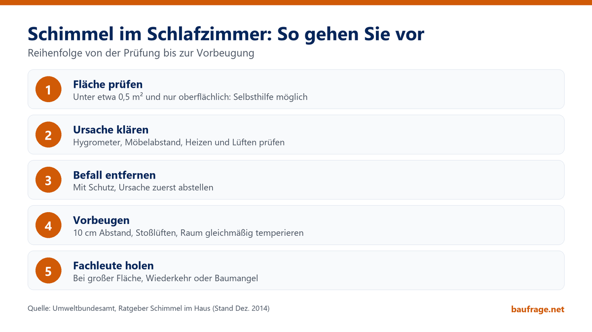 Infografik: Fünf Schritte bei Schimmel im Schlafzimmer von der Flächenprüfung über Ursachenklärung und Entfernung bis zur Vorbeugung und zum Fachmann