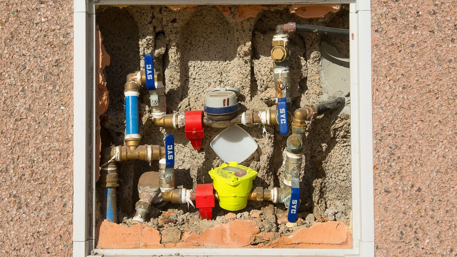 Wasseranschluss mit Kugelhähnen, Messingfittings und zwei Wasserzählern in einer Mauernische