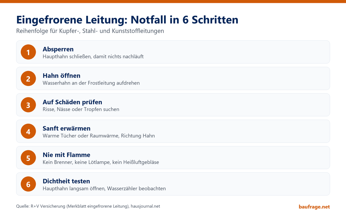 Infografik: Eingefrorene Leitung in sechs Schritten, von Absperren über sanftes Erwärmen bis zum Dichtheitstest am Wasserzähler